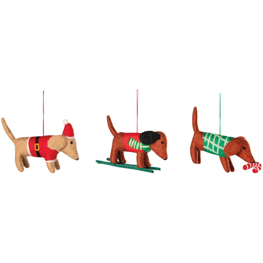 Dashing Dachshunds Felt Christmas Tree Ornaments - 3 Assorted Styles