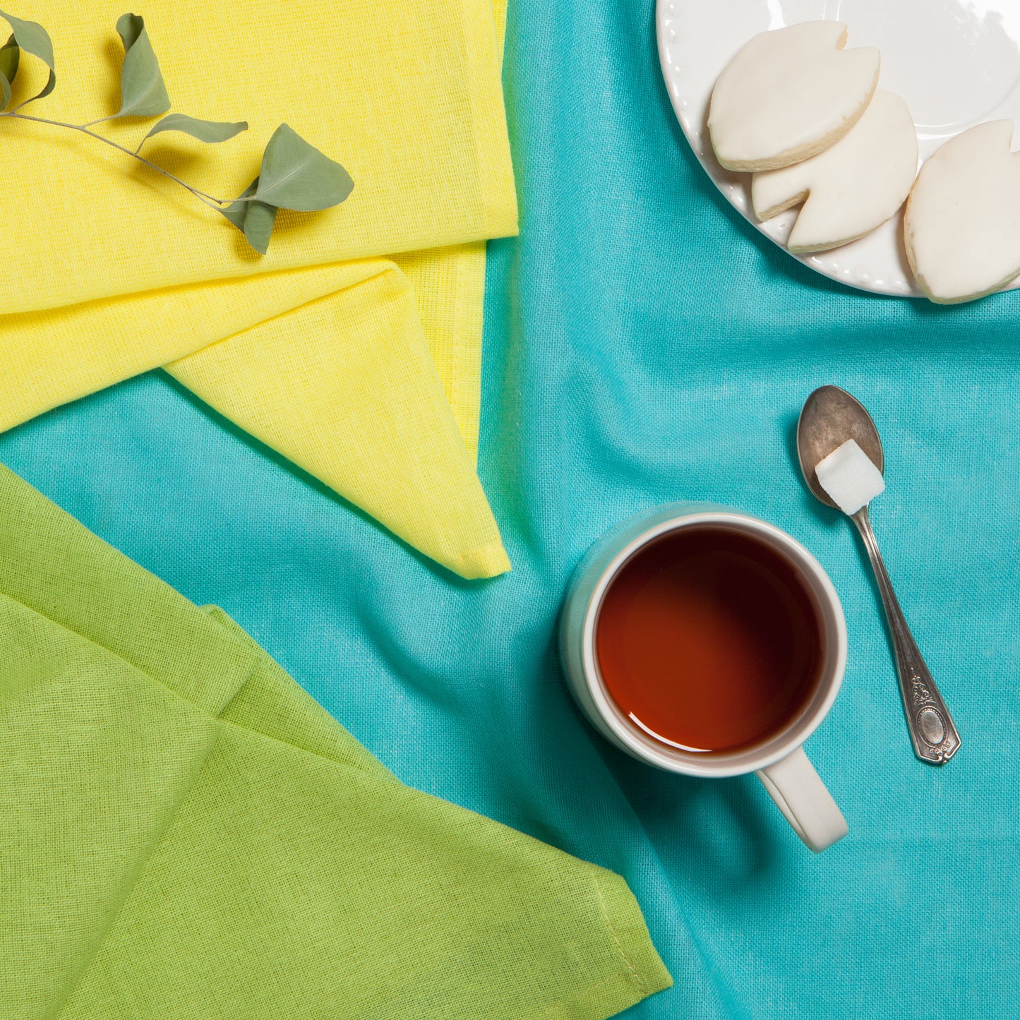 Chartreuse Turquoise Leaf Floursack Dishtowels Set of 3