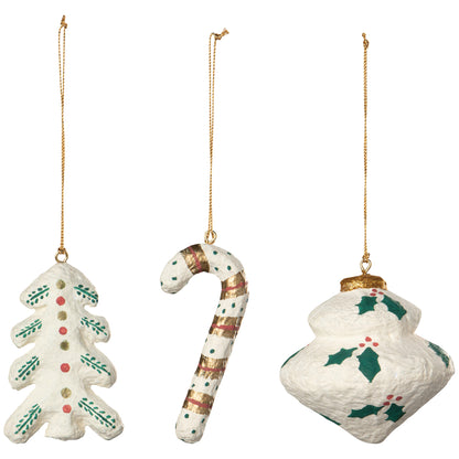 Yuletide Mache Christmas Tree Ornaments - 3 Assorted Styles